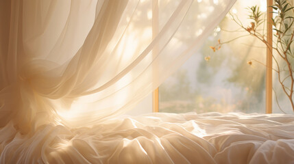 Morning light filters through sheer curtains, casting a warm glow on a comfortable, inviting bed