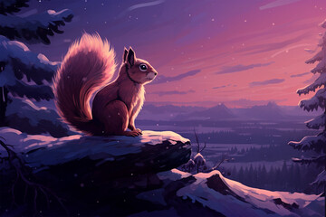 a squirrel, winter landscape