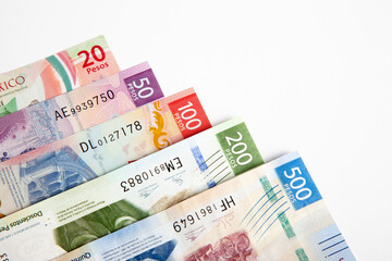 new bank notes of mexican peso background. 20, 50, 100, 200, 500 pesos	