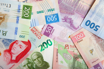 new bank notes of mexican peso background. 20, 50, 100, 200, 500 pesos	 - obrazy, fototapety, plakaty