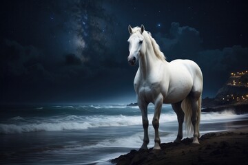 Obraz na płótnie Canvas white horse on the beach at night