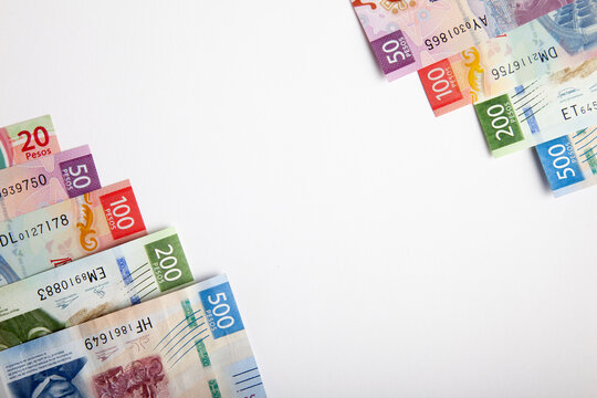 new bank notes of mexican peso background. 20, 50, 100, 200, 500 pesos	