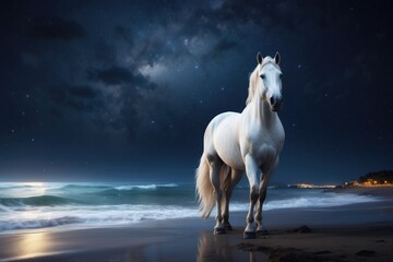 Obraz na płótnie Canvas white horse on the beach at night