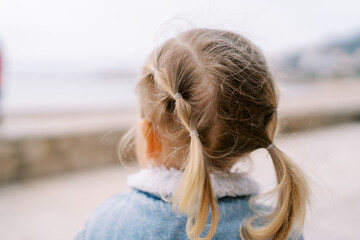 Little girl stands on the shore and looks at the sea. Back view