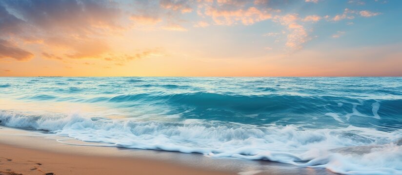 In the background the vibrant blue of the sky compliments the golden hues of the sunset creating a breathtaking landscape as the sun dips below the horizon casting its warm glow over the bea