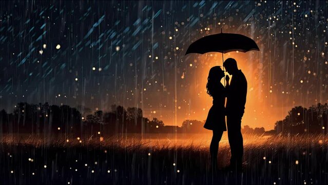 Seamless loop animation. grunge silhouette, Outdoors, Couple in Love. Form of rain drops in the night beautiful wallpaper illustration night. Created using Generative AI Technology