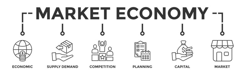 Market economy banner web icon vector illustration concept with icon of economic, supply demand, competition, planning, capital, market