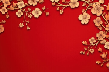 A red background with a border of beige flowers