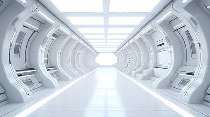 Futuristic Architecture: Scifi Corridor Interior in Space Station with Earth Planet View - 3D Render,AI Generative 