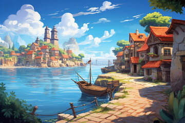 illustration of a view of a fantasy water village - obrazy, fototapety, plakaty