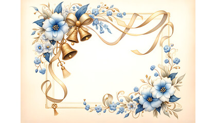 Illustration of a vintage frame with flowers, bells and ribbon.