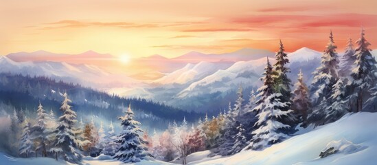 I created a stunning watercolor painting of a serene landscape capturing the beauty of snow capped mountains and frost kissed fir and spruce trees as the warm hues of the sunrise and sunset