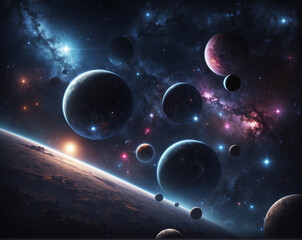 Planets with dark colors and surrounded by bright light and space filled with starlight