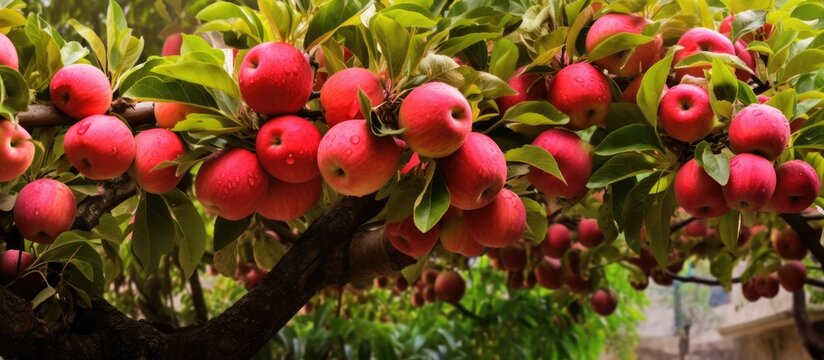 In the tropical garden amidst the green foliage and vibrant flowers an apple tree stood tall bearing succulent fruits that promised a healthy snack The aroma of freshly baked custard filled