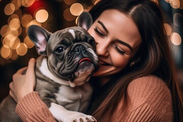 Woman hugging and holding a dog . Generative AI.
