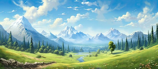 During summer travels the picturesque landscape of lush green trees vibrant grass and majestic mountains against a backdrop of clear blue skies and snowy peaks create an idyllic background 