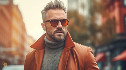 Fototapeta na wymiar Portrait of a handsome man in brown coat in the city 