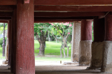The scenery seen through the wooden beams under the floor of the pavilion.