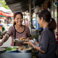 mindstormphoto thailand woman vendor serves plate of food to customer. - obrazy, fototapety, plakaty
