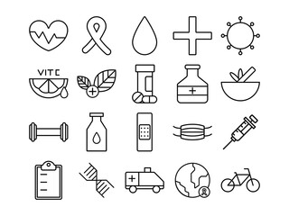 Health Care Icon Pack in Outline Style. Perfect for Websites, Landing Pages, Mobile Apps, Presentations, and Other Projects. Suitable for User Interface and User Experience UI UX.