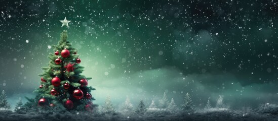 During the winter season an exquisite green Christmas tree adorned with red ornaments and decorated with festive cards fills the air with the joyful celebration of the holiday symbolizing ne - obrazy, fototapety, plakaty