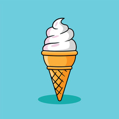 Illustration flat design vector cartoon vanilla ice cream cone isolated on blue background ; sweet taste dessert