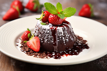 The close up detail of a delicious chocolate lava cake topped with fresh strawberry, spring mint leaves, thick chocolate sauce, and pure icing on a ceramic plate isolated on the table. Generative AI.