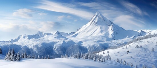 The snow covered mountain peak offers a breathtaking view of the winter landscape showcasing the beauty of nature and making it a perfect destination for outdoor enthusiasts seeking to trave