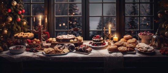 On a beautiful winter night the house was adorned with festive decorations for the Christmas celebration The table was set with a spread of delicious baked goods including biscuits as a gif