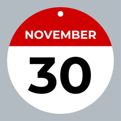 november 30 calendar reminder. 30 november daily calendar icon template. Calendar 30 november icon Design template. Vector illustration