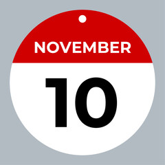 november 10 calendar reminder. 10 november daily calendar icon template. Calendar 10 november icon Design template. Vector illustration