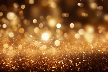 Christmas golden background with lights, bokeh and sparks. Golden holiday New Year. Abstract background, wallpaper. Banner with blurry bokeh and small shiny sprinkles.