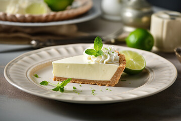 The close up detail of a cut key lime tart cake dessert topped with spring mint leaves and decorated with sliced fresh lime served on ceramic plates at a dinner table. Generative AI.