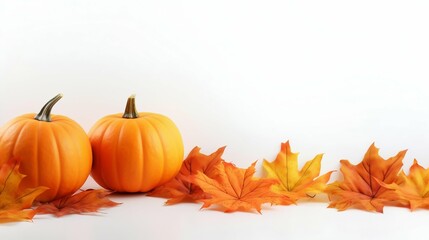 Autumn Display: Orange Pumpkins and Leaves on Light Surface. Generative ai