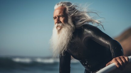 Senior Surfer with White Beard in Neoprene Wetsuit. Generative ai