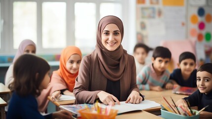 Fototapeta premium Muslim Female Teacher Smiling in Classroom Setting. Generative ai