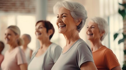 Fototapeta na wymiar Active Senior Women Exercising in a Group Indoors. Generative ai