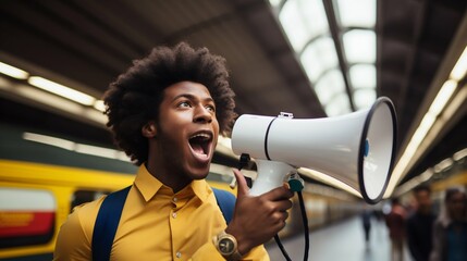 Subway Employee Broadcasting Message with Megaphone. Generative ai