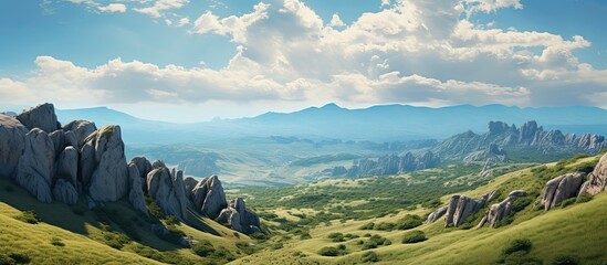 The blue summer sky illuminated the stunning scenery of the Crimean Mountains with its towering rocks deserted hills and remarkable landmarks like the Ak kaya slope all set against a high an - obrazy, fototapety, plakaty