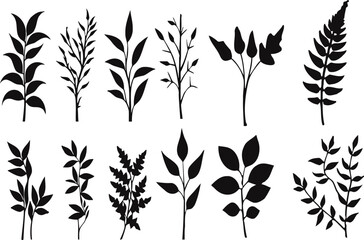 Flowers in silhouette style. Leaf vector, sticker, solid black silhouette image on white background,