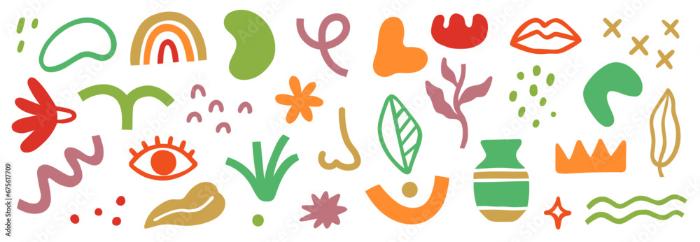 Poster Abstract blob shape doodle set element. Geometric abstract flower, blob face, organic doodle modern shape. Creative graphic design playful, cute color poster elements. Vector illustration