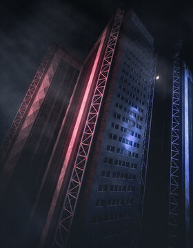 3D rendering of a dark and gloomy futuristic city with soft focus background