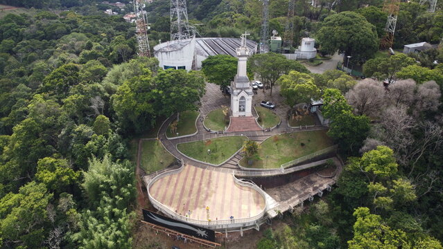 MIRANTE DO MORRO DO CRISTO, JUIZ DE FORA, MINAS GERAIS, BRAZIL - DECEMBER 20, 2021: Drone view of the highest lookout in the city.