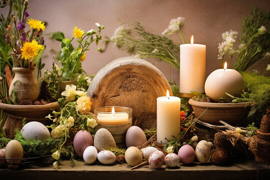 Imbolc holiday, spring equinox. Wiccan altar for Imbolc sabbat. pagan festive ritual. Brigid's cross amulet, candles, wheel of the year on wooden table.