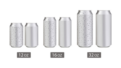 Realistic standard and long aluminium cans with water drops. Vector silver cans of cold beverages, soft drink and energy drinks. Realistic vector aluminium cans with condensation droplets. Vector. - obrazy, fototapety, plakaty