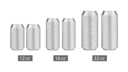 Poster Realistic standard and long aluminium cans with water drops. Vector silver cans of cold beverages, soft drink and energy drinks. Realistic vector aluminium cans with condensation droplets. Vector. © Jer