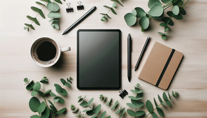 An image of a flat lay arrangement of office supplies on a light wooden surface - Generative AI