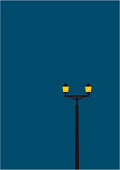静寂な夜の街灯に明かりが灯る切り絵風デザインイラスト