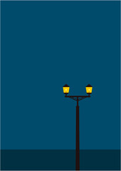 静寂な夜の港と街灯に明かりが灯る切り絵風デザインイラスト