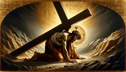 The Cross of Calvary : Jesus falls under the weight of the cross.  - obrazy, fototapety, plakaty